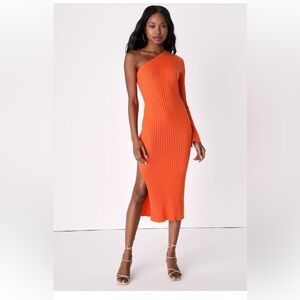 Lulu’s Orange One Shoulder Ribbed Dress